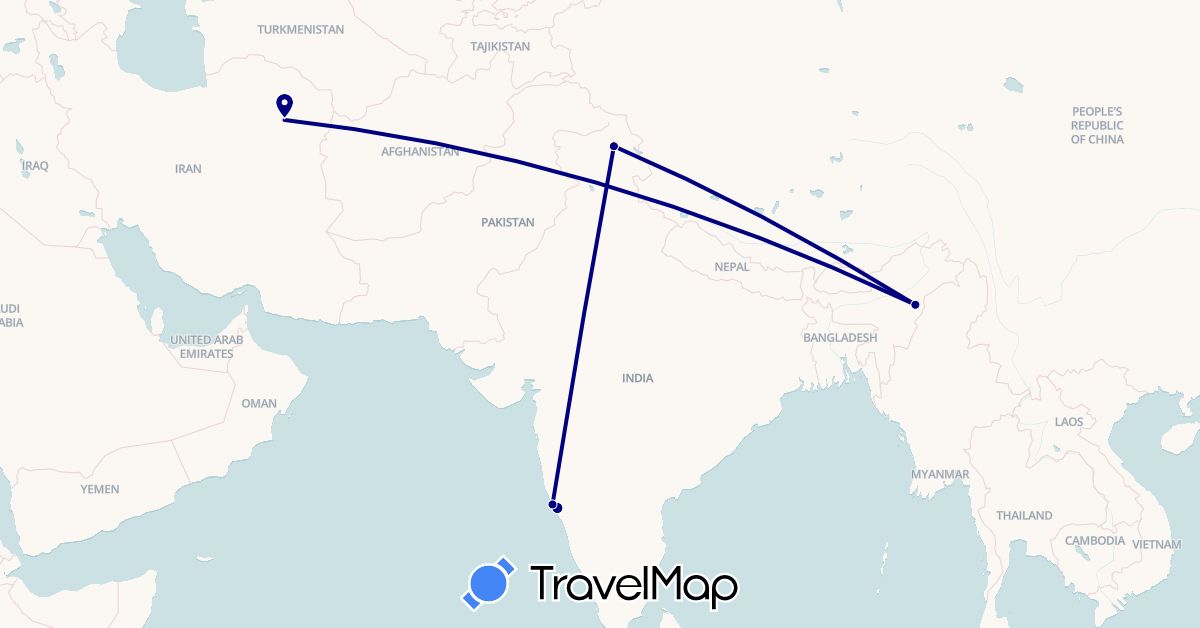 TravelMap itinerary: driving in India, Iran (Asia)